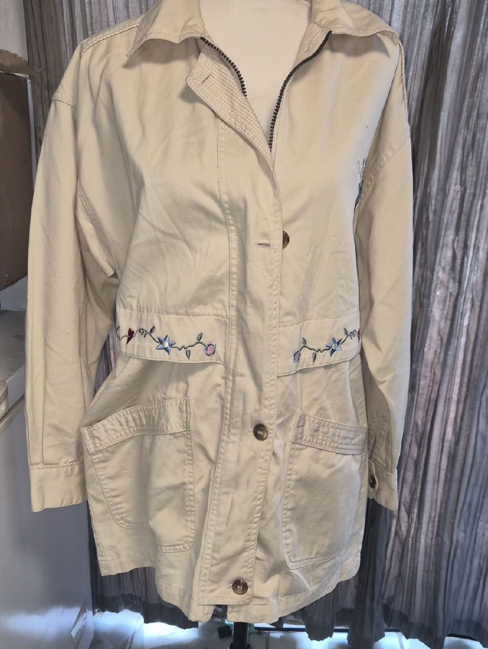 Christopher & Banks Cream Utility Jacket with Floral Embroidery